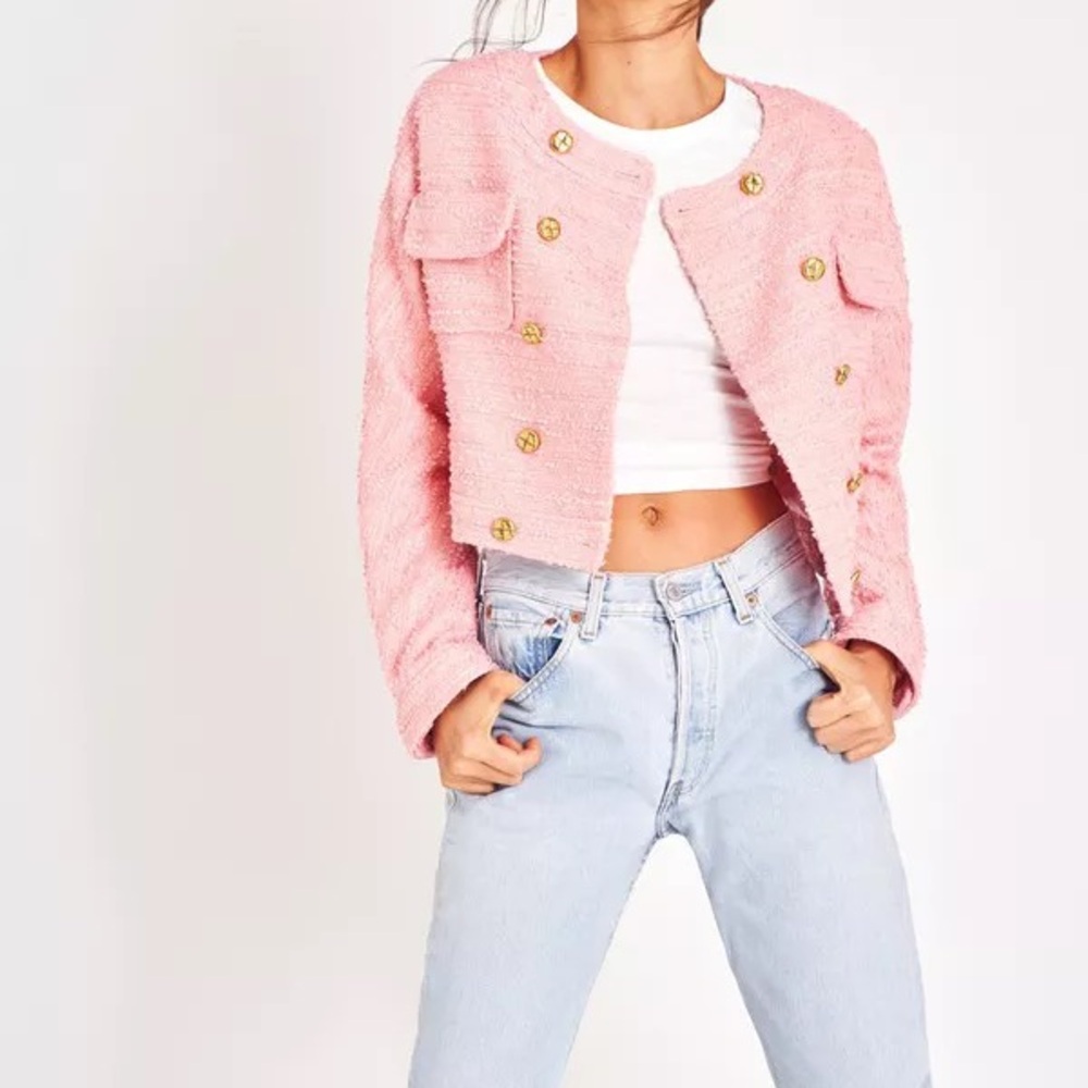 NWT $595 Love Shack Fancy Keiran jacket in pink with gold buttons